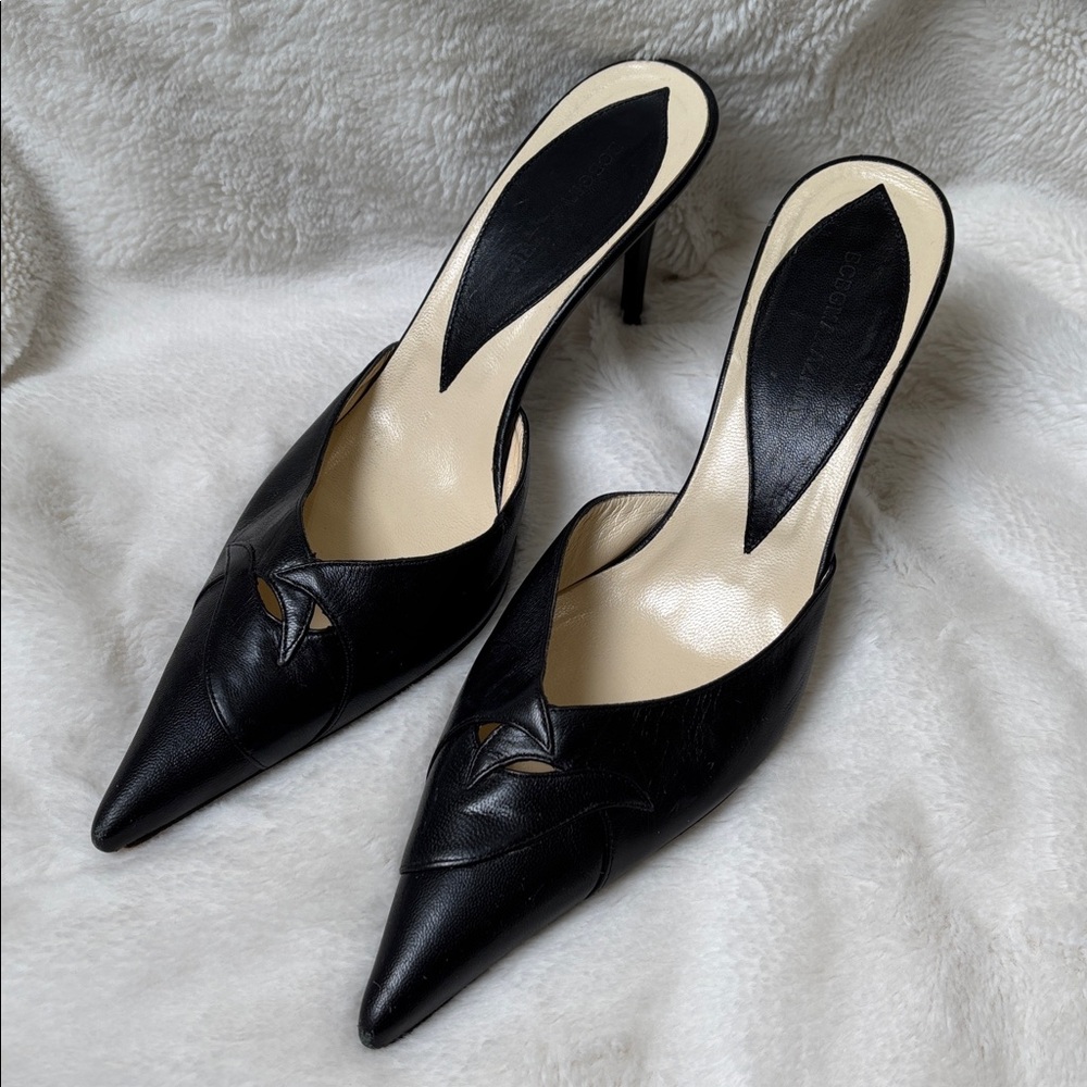 BCBGMaxAzria Black Pointed Toe Leather Mule Heels